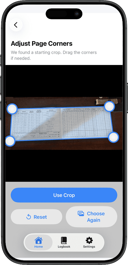 TopLog iOS crop screen for capturing a paper logbook page