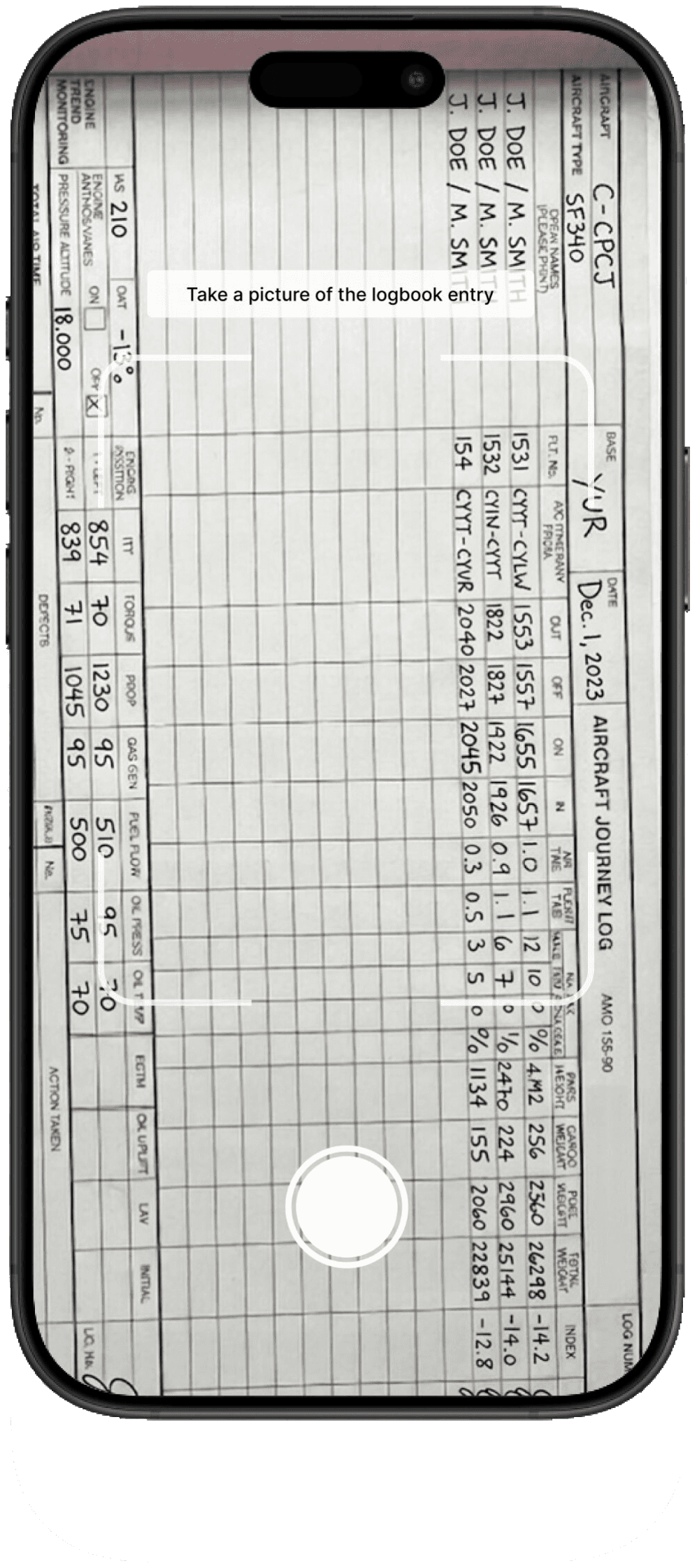 Pilot Logbook AI capturing a paper pilot logbook page