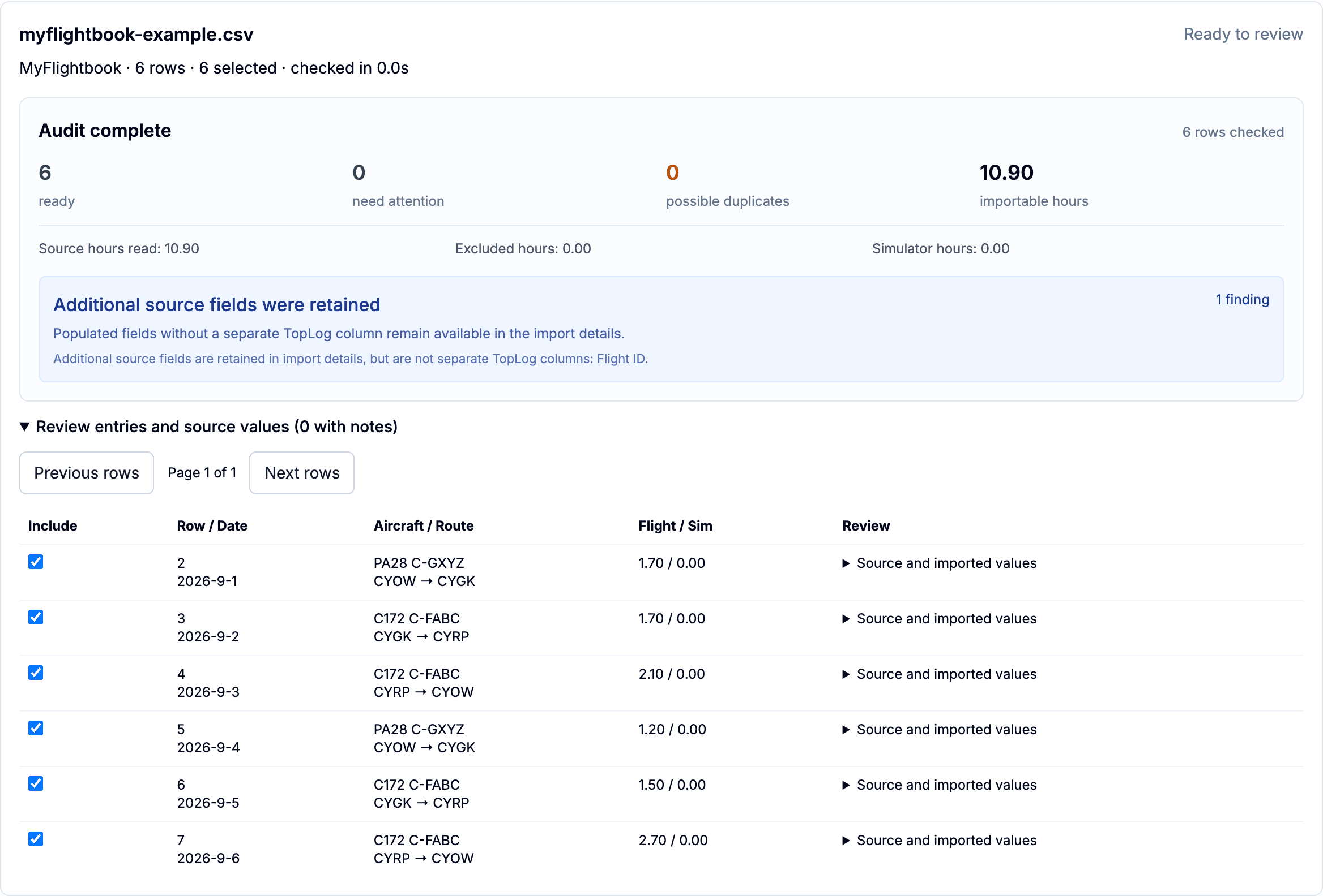 TopLog import review showing checked flight rows, importable hours, and the source values available before saving