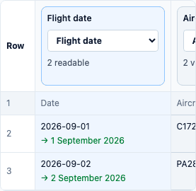 Mobile spreadsheet review showing a mapped date column and its interpreted values, with more columns available by scrolling sideways