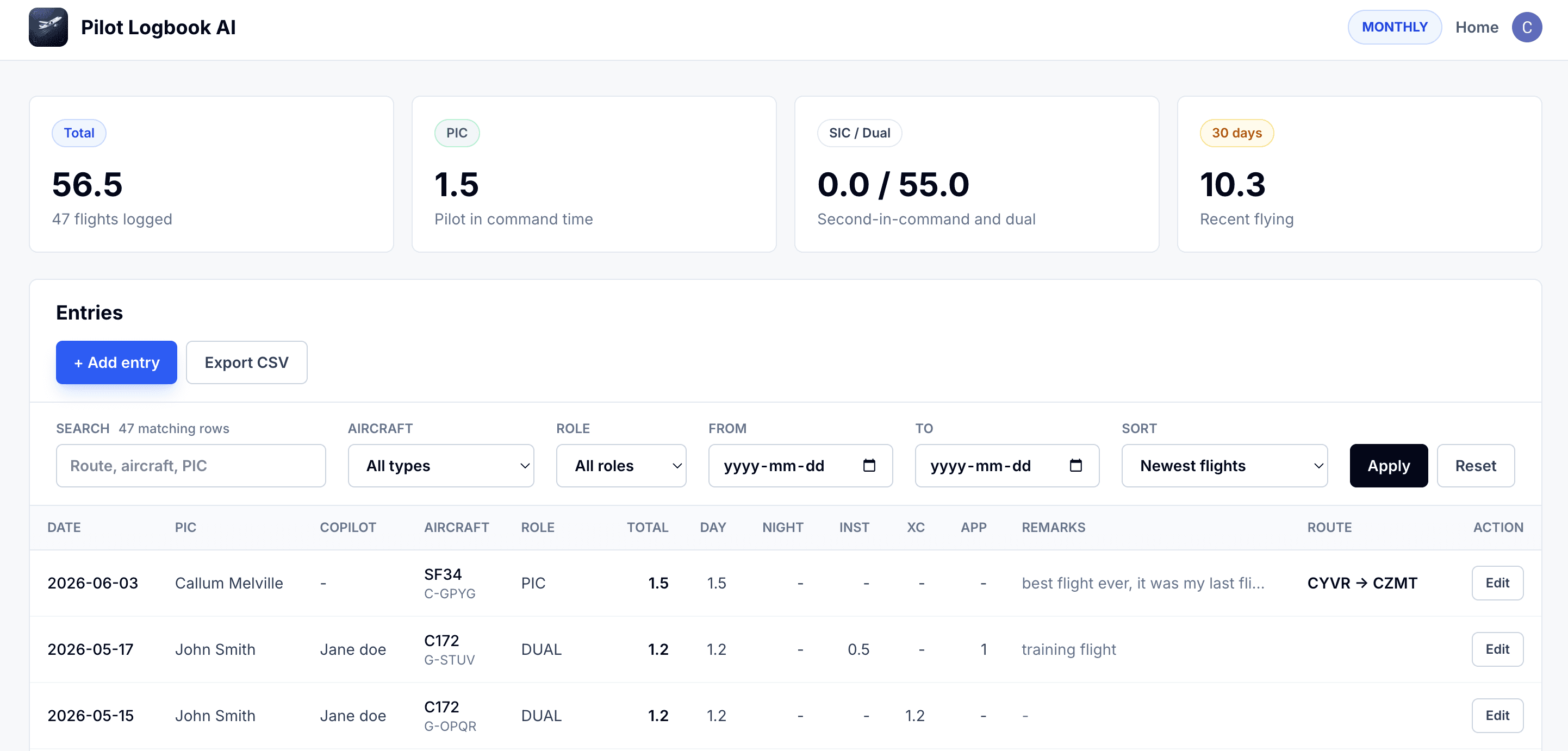 TopLog web logbook showing totals, filters, flight entries, and the Export CSV button