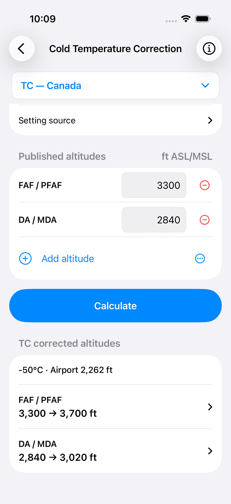 TopLog’s Canadian cold-temperature calculator showing example inputs and corrected altitudes
