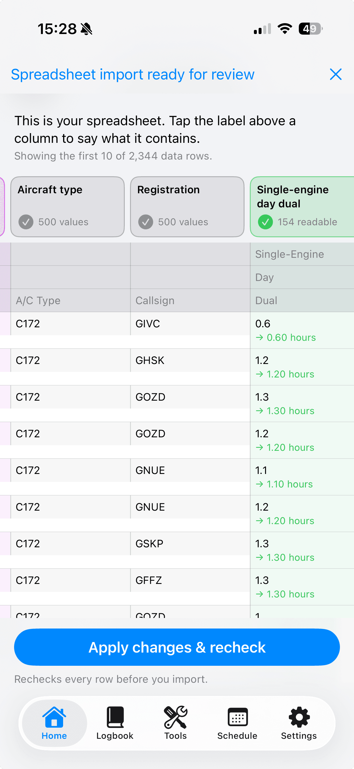 TopLog on iPhone showing the complete spreadsheet mapping review, with colored column labels above the original rows and interpreted flight hours
